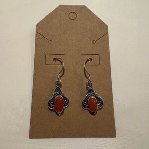 Mediterranean Red Coral Dangle Drop Earrings Sterling Silver 925